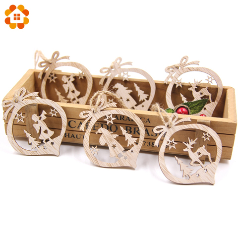 6 PCS/Lot Vintage creux cadeau de noël en bois pendentifs ornements bois artisanat arbre de noël ornements décorations enfants jouets cadeaux ► Photo 1/6