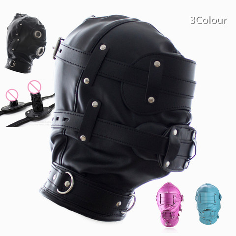 3 couleurs fétiche cuir Total lock down Bondage capuche avec Silicone bouche Gag gode masque pour les yeux ouvrable pour esclave adulte jeu Sex Toy ► Photo 1/6