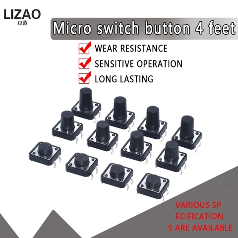 Micro interrupteur à bouton-poussoir Tactile, 20 pièces, 12x12, 12x12x4.3mm, 5mm, 6, 7, 8, 9, 10, 11, 13, 14, 15, 16, 17, 4 broches ► Photo 1/6