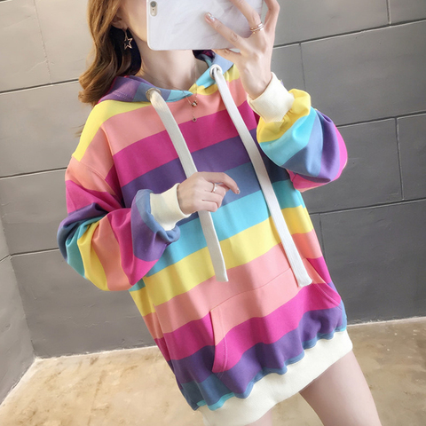 Sweat-shirt à capuche pour femmes, ample et décontracté, style Boyfriend, Harajuku, Xxl, à rayures, arc-en-ciel, vêtements coréens mignons de poche, 2022 ► Photo 1/6