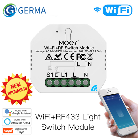 GERMA – Mini Module de commutation de relais intelligent, wi-fi RF433, 1 Gang, 1/2 voies, contrôle avec application Smart Life/Tuya, fonctionne avec Alexa Google Home ► Photo 1/6