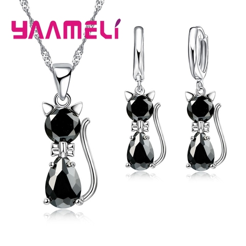 Ensemble de boucles d'oreilles et collier avec pendentif chat, 7 couleurs, en argent Sterling 925 véritable, bijoux en cristal CZ, cadeaux pour femmes et filles ► Photo 1/6