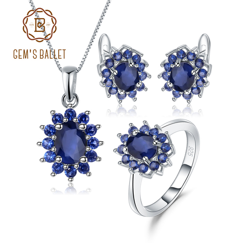 GEM'S BALLET – ensemble de bijoux Vintage pour femmes, princesse Diana, bleu naturel, boucles d'oreilles et bagues en saphir, en argent Sterling 925 ► Photo 1/6