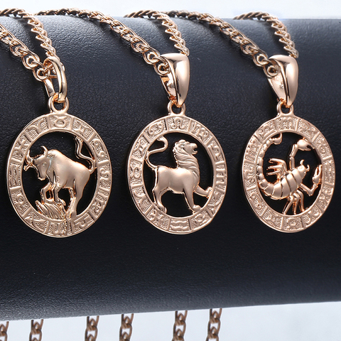 Trendsmax – colliers avec pendentifs en forme de signes du zodiaque pour hommes et femmes, bijoux en or Rose, cadeaux d'anniversaire à la mode, 12 modèles, 585, GPM16 ► Photo 1/6