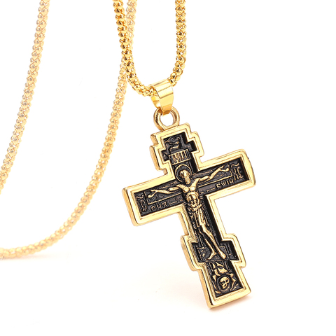 Collier de prière Crucifix de jésus en croix russe, grand pendentif de couleur or INRI Crucifix pour hommes ► Photo 1/6
