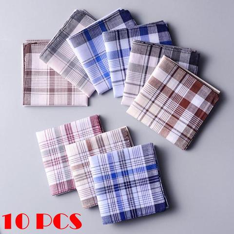 10 pièces hommes mouchoirs à carreaux 100% coton avec rayure Hankies coffret cadeau femmes classique mouchoir poche Hanky poche carrés ► Photo 1/6