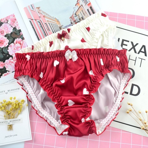 Culotte en dentelle sexy pour femmes, lingerie en satin, slip avec motifs de cœur, kawaii, sous-vêtements intimes, collection décontracté ► Photo 1/6