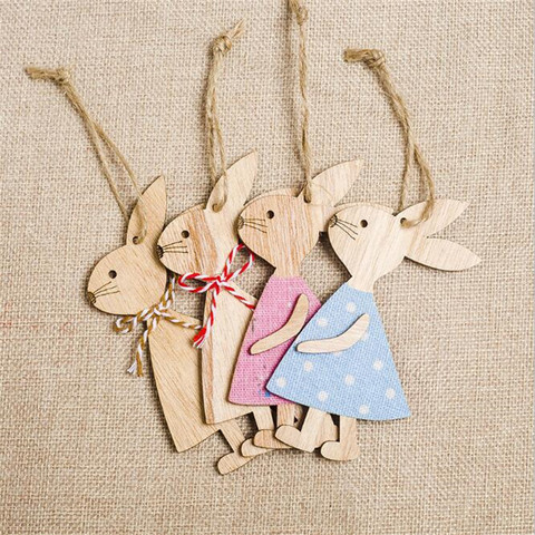 4 pièces/ensemble 7*11cm pâques lapin en bois décoration bricolage bois suspendus artisanat mignon lapin pâques ornements fête fournitures bois artisanat ► Photo 1/6