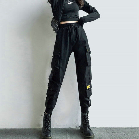 Pantalon Cargo femme ruban noir poche survêtement taille élastique haut Streetwear Harajuku pantalon Punk femmes pantalon sarouel ► Photo 1/6