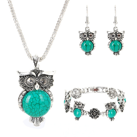 Ensemble de bijoux de hibou Turquoise rétro pour femme, boucles d'oreilles, Bracelet, collier, chaîne, amulette faite à la main, cadeaux ► Photo 1/6