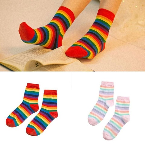 Nouveau femmes chaussettes 1 paire longue coton arc-en-ciel couleur rayé imprimé nouveauté mode dame automne chaussettes ► Photo 1/6