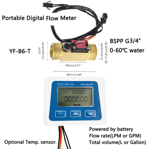 Débitmètre numérique US211M Lite et YF-B6-T 2-30L/min 5V, capteur de débit d'eau à effet Hall avec température Compatible ► Photo 1/6