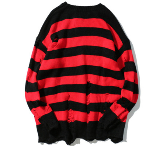 Pull rayé rayé noir et rouge pour homme et femme, vêtement surdimensionné en tricot, délavé et déchiré, Harajuku ► Photo 1/6