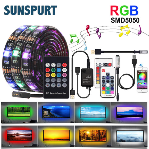 Ensemble de bandes LED USB, 1M-5M, DC5V, 5050RGB avec RF IR, contrôleur de musique Bluetooth, lumière Flexible pour la TV, ruban de lumière Led ► Photo 1/6