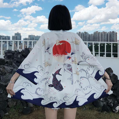 Kimono japonais vêtements traditionnels grue carpe Anime Kimono robe chemises femmes samouraï Haori Hombre Yukata homme Cardigan chemise ► Photo 1/6