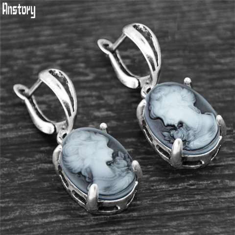 Boucles d'oreilles ovales Vintage pour femmes, boucles d'oreilles mode, pendentif en forme de griffe plaqué argent, pour dames, reine Cameo ► Photo 1/6