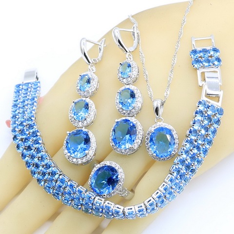 Ensemble de bijoux Semi-précieux pour femmes, couleur argent bleu clair, Bracelet, collier pendentif boucles d'oreilles, bague, avec coffret cadeau ► Photo 1/6