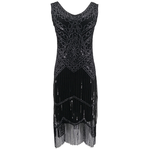 Femmes Parti Robe Robe Femme 1920 s Great Gatsby Aileron Sequin Fringe Midi Robe Robe D'été Art Déco Rétro Noir robe ► Photo 1/6