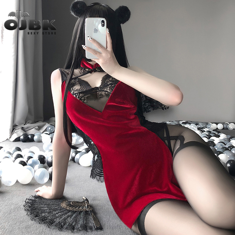 Sexy Cosplay chinois robe traditionnelle pour les femmes gothique Punk Mini diable noir rouge Cheongsams fête mode couleur unie Satin V ► Photo 1/6