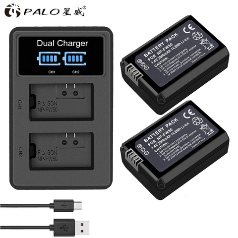 Lot de 2 batteries NP-FW50 2000mAh NP-FW50 avec écran LCD, double chargeur USB pour Sony Alpha a6500 a6300 a7 7R a7R a7R II a7II NEX-3 NEX-3N NEX-5 ► Photo 1/6