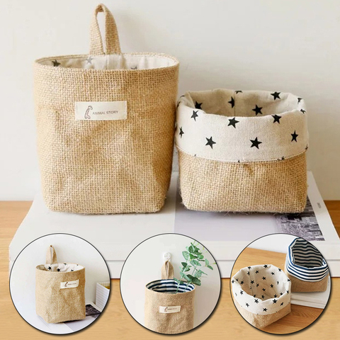 Panier de rangement de poche suspendu, petit sac de rangement pour articles divers, organisateur de cosmétiques, sac de rangement en coton et en lin, décoration de maison ► Photo 1/6