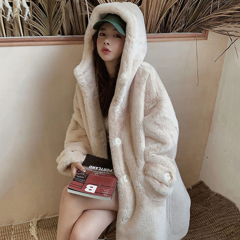 2022 nouveau hiver femmes Faux lapin manteau de fourrure en vrac longue fourrure manteau grande taille à capuche pardessus épais chaud femelle en peluche manteaux ► Photo 1/6