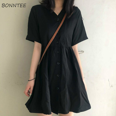 Robe noire plissée pour femmes, Style Preppy, Harajuku, col en v, ample, vente spéciale, Simple, Simple, assortie avec tout ► Photo 1/6