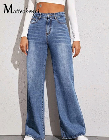 2022 nouvelle mode taille haute droite jean femmes automne bleu décontracté ample jambe large jean pantalon rayé Palazzo pantalon ► Photo 1/6