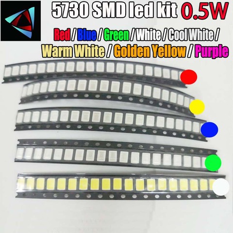 Kit de diodes LED 10 valeurs, SMD 5730 5630 0.5W, rouge/vert/bleu/blanc/jaune/blanc chaud/Orange/rose/or froid, 50 pièces ► Photo 1/1