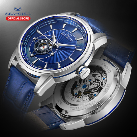 Seagull hommes montre automatique mécanique montre affaires mode bleu étanche en cuir creux volant moteur montre 1014K ► Photo 1/6