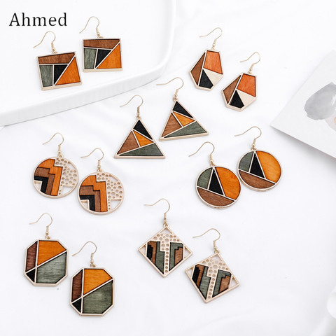 Ahmed-boucles d'oreilles géométriques originales pour femmes, pendentif géométrique, couleur de contraste, pendentif en bois, à la mode, bijoux Dangle, cadeaux ► Photo 1/6