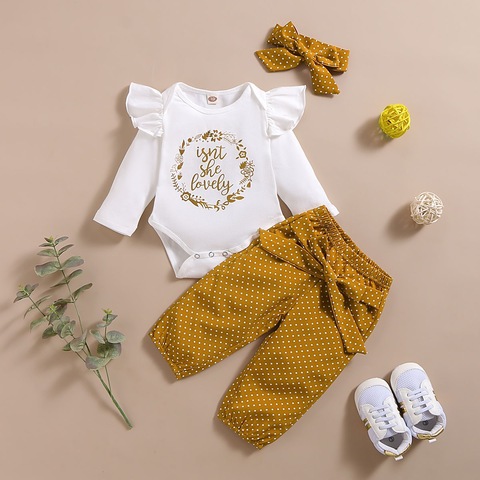 Vêtements d'automne pour bébés filles, ensemble 3 pièces, barboteuse en coton, pantalon à pois, bandeau, tenues d'automne ► Photo 1/6