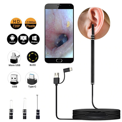 3 en 1 oreille Endoscope oreille outil de nettoyage USB visuel oreille cuillère 5.5mm Mini caméra oreille choisir Otoscope Endoscope outil soins de santé ► Photo 1/6