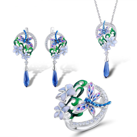 Bohême ensemble de bijoux pour femmes Zircon cristal à la main émail fleur libellule anneau boucles d'oreilles pendentif collier ensemble bijoux à la mode ► Photo 1/6