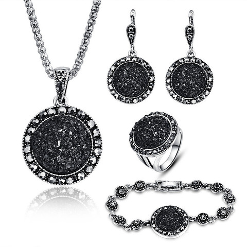 MINHIN – ensembles de bijoux rétro pour femmes, vente en gros, offre spéciale, Antique, cristal noir, pendentif en pierre ronde, bijoux de déclaration ► Photo 1/6