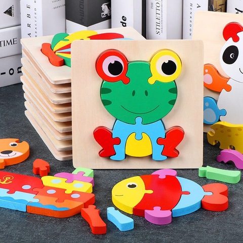 Puzzle 3D en bois Montessori pour enfants, blocs de construction d'animaux de dessin animé, jouets d'apprentissage préscolaire ► Photo 1/6