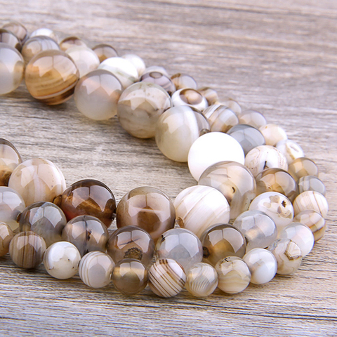 Perles grises smoky Agates en pierre naturelle, perles rondes et amples à rayures lisses, pour la fabrication de bijoux, collier Bracelet à bricoler soi-même, fait à la main ► Photo 1/6