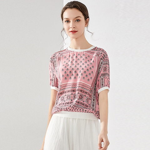 T-shirt manches courtes col rond pour femmes, ample, de haute qualité, imprimé, basique et élégant, 100% en soie, décontracté ► Photo 1/6