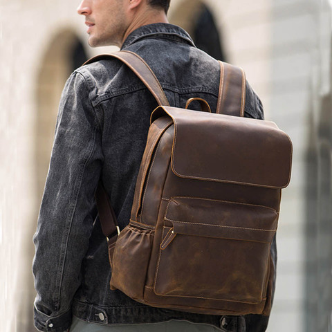 Sac à dos Vintage Crazy horse en cuir véritable pour hommes, sac de jour pour ordinateur portable 16 pouces, sac de voyage de grande capacité, sac d'école pour hommes ► Photo 1/6