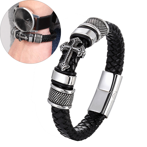 Bracelet en cuir véritable pour homme, style Punk, avec fermoir magnétique, haute qualité, cadeau de fête des pères, grosse réduction ► Photo 1/6