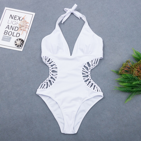 2022 Sexy blanc licou découpé pansement Trikini maillot de bain Monokini Push Up maillot de bain brésilien femmes une pièce maillot de bain ► Photo 1/6