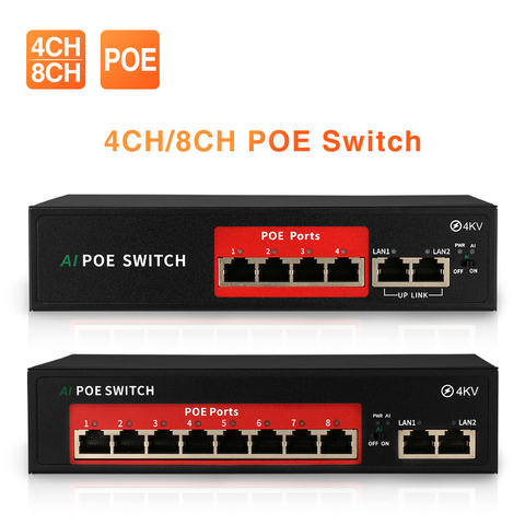 Commutateur POE réseau Techage 4CH 8CH 52V pour caméra IP Ethernet et système de caméra AP et CCTV sans fil, avec 10/100Mbps IEEE 802.3 af ► Photo 1/6