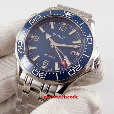 Montre automatique pour hommes, cadran bleu, verre saphir, GMT, acier, bracelet, 41mm, 391 ► Photo 1/6