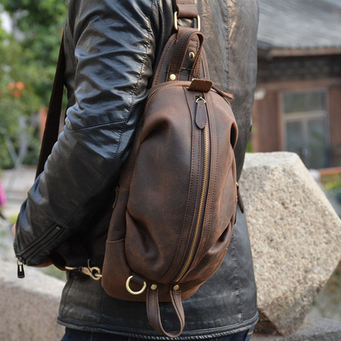 Sac de poitrine en cuir de cheval fou pour hommes, petit sac de voyage en cuir véritable de vache Vintage à bandoulière en cuir de vache ► Photo 1/6