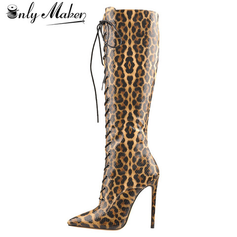 Onlymaker-bottines à bout pointu pour femmes, talons hauts, Sexy, imprimé léopard, talons aiguilles extensibles au dessus des genoux, modèle à lacets ► Photo 1/6