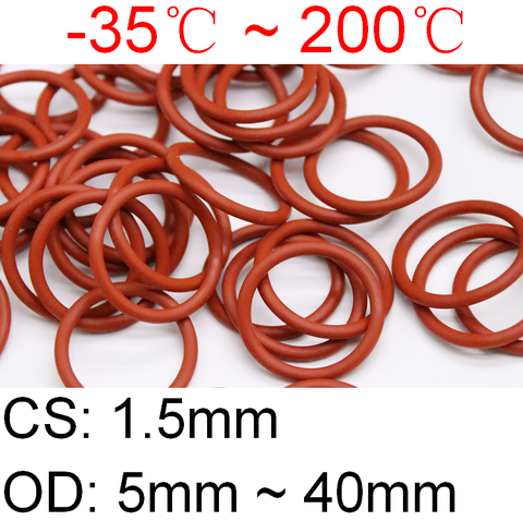 10 pièces VMQ joint torique joint épaisseur CS 1.5mm OD 5 ~ 40mm Silicone caoutchouc isolé rondelle étanche forme ronde Nontoxi rouge ► Photo 1/6