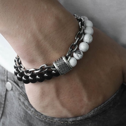 Bracelet en pierre œil de tigre pour hommes, en acier inoxydable, chaîne à maillons, Yoga, bijoux masculins, 14mm, livraison directe, KDBM24 ► Photo 1/6