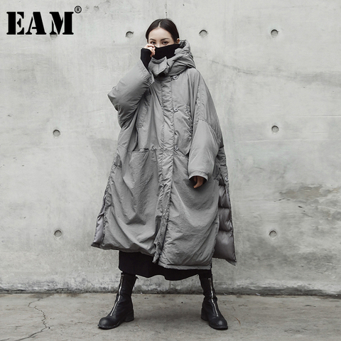 [EAM] à capuche coton rembourré gris Oversize Long chaud manteau à manches longues coupe ample femmes Parkas mode printemps automne 2022 JE02002 ► Photo 1/6