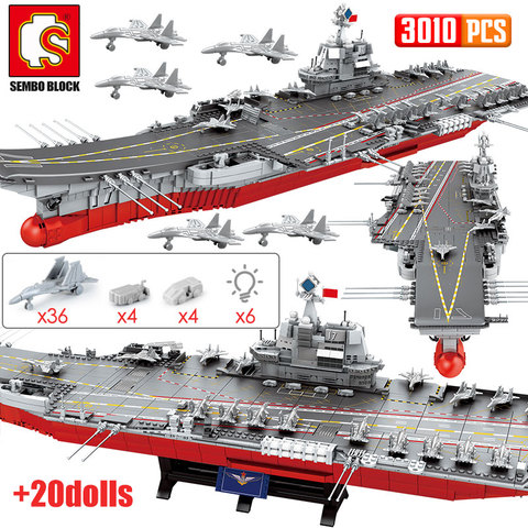 SEMBO 3010 pièces WW2 navire de guerre Cruiser blocs de construction militaire ville Police LED lumières avions transporteurs briques jouets pour garçons ► Photo 1/6