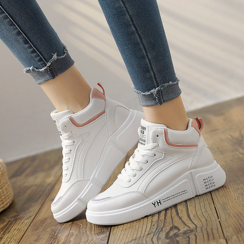 Luxe 2022 femmes baskets chaussures plates femme haut en cuir plate-forme chaussures mode solide à lacets bout rond de haute qualité ► Photo 1/6